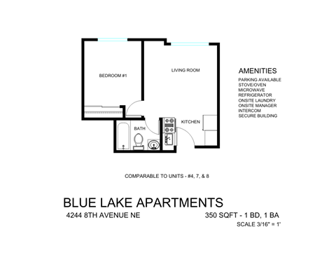 Floor plan for 1 bed, 1 bath, 350 sqft